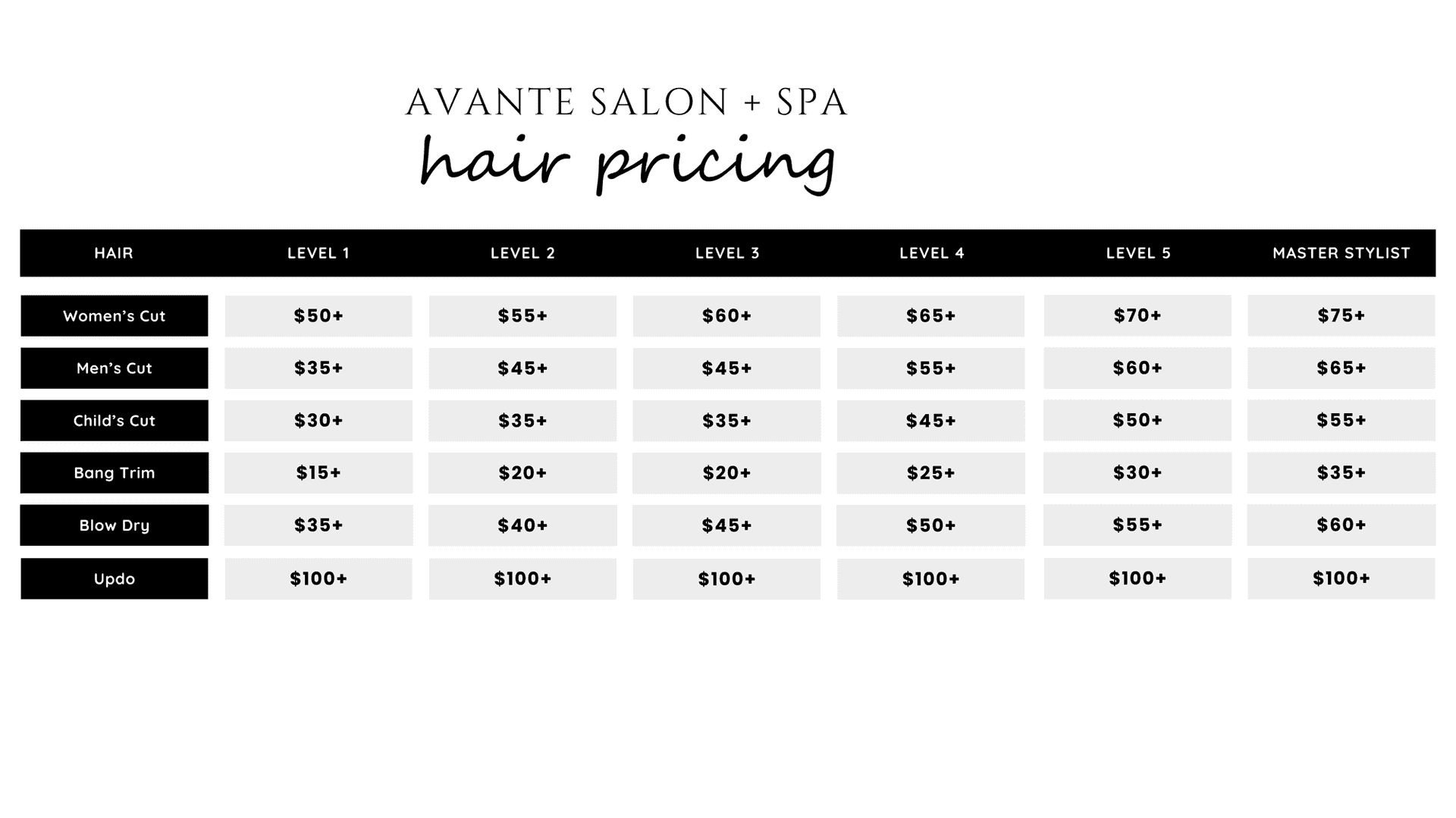 Hair salon pricing table with levels, stylist options, and various hair services.